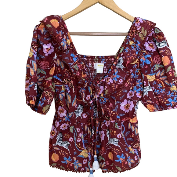 Maeve Tops - Maeve by Anthropologie‎ Ruffled Tie-Front Blouse Safari Animal Print Boho Top XS